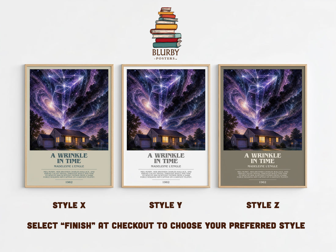 A Wrinkle in Time bookish print in frame leaning in hallway – sci fi wall art (mockup)