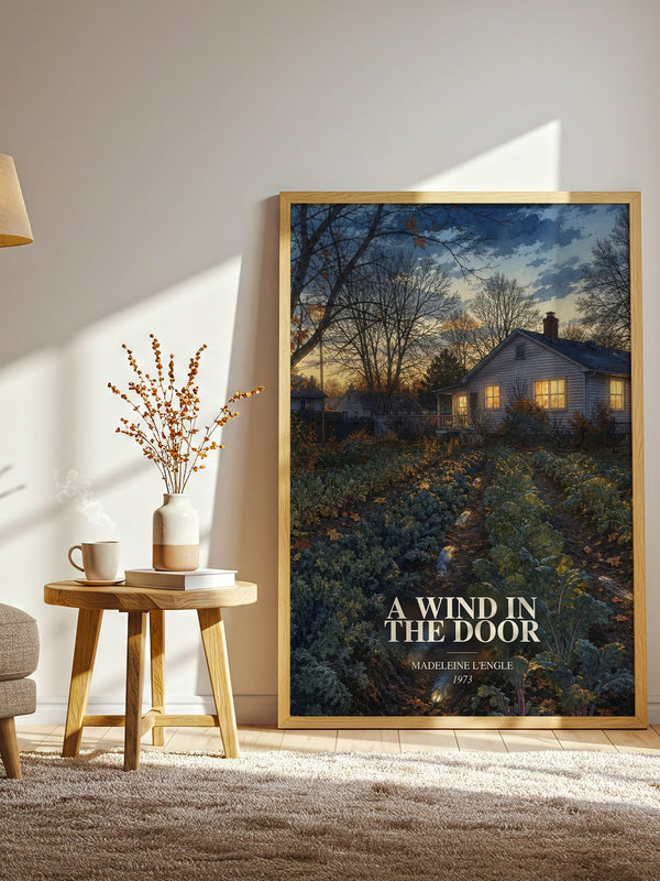 A Wind in the Door watercolour print in frame leaning in hallway – young adult wall art