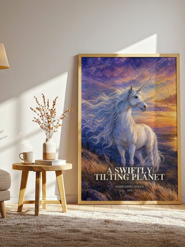 A Swiftly Tilting Planet watercolour print in frame leaning in hallway – sci fi wall art