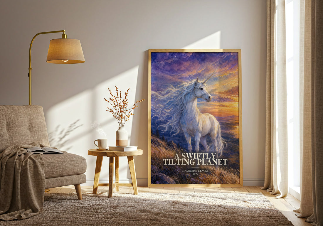 A Swiftly Tilting Planet watercolour print in frame leaning in hallway – sci fi wall art (mockup)