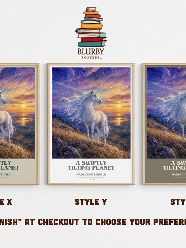 A Swiftly Tilting Planet book cover print in frame leaning in hallway – sci fi wall art