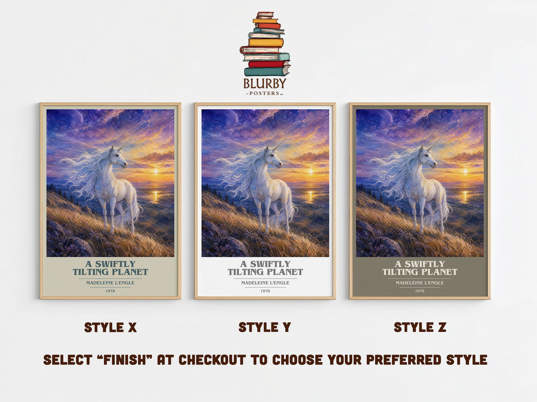 A Swiftly Tilting Planet book cover print in frame leaning in hallway – sci fi wall art (mockup)