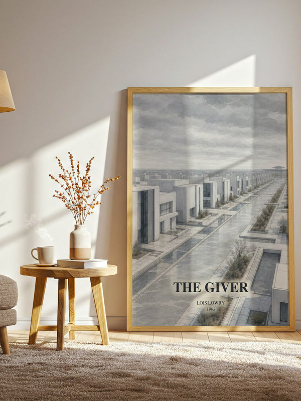 The Giver watercolour print in frame leaning in hallway – young adult wall art