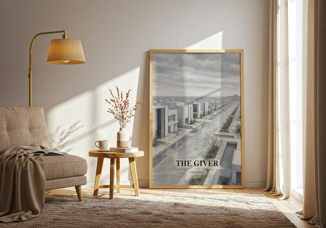 The Giver watercolour print in frame leaning in hallway – young adult wall art (mockup)