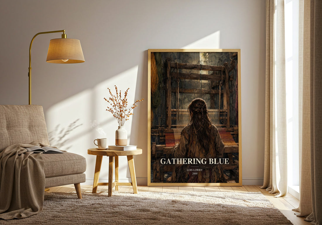 Gathering Blue watercolour print in frame leaning in hallway – dystopian wall art (mockup)