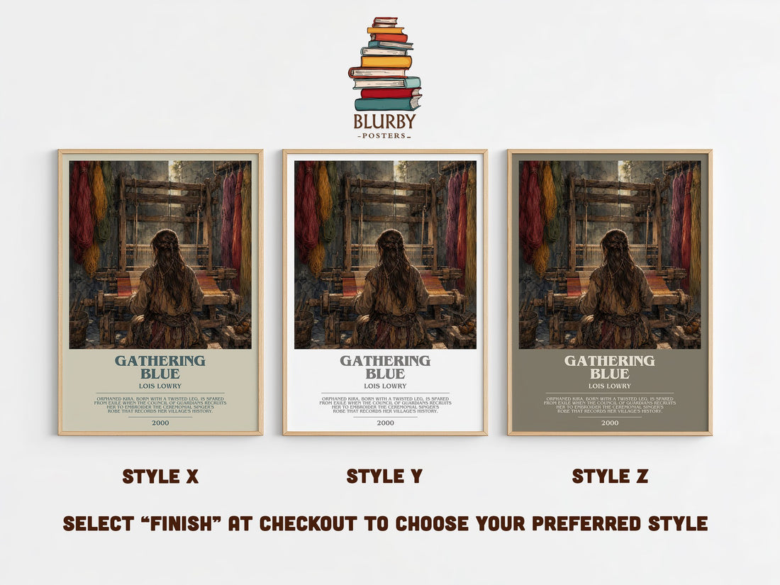 Gathering Blue bookish print in frame leaning in hallway – dystopian wall art (mockup)
