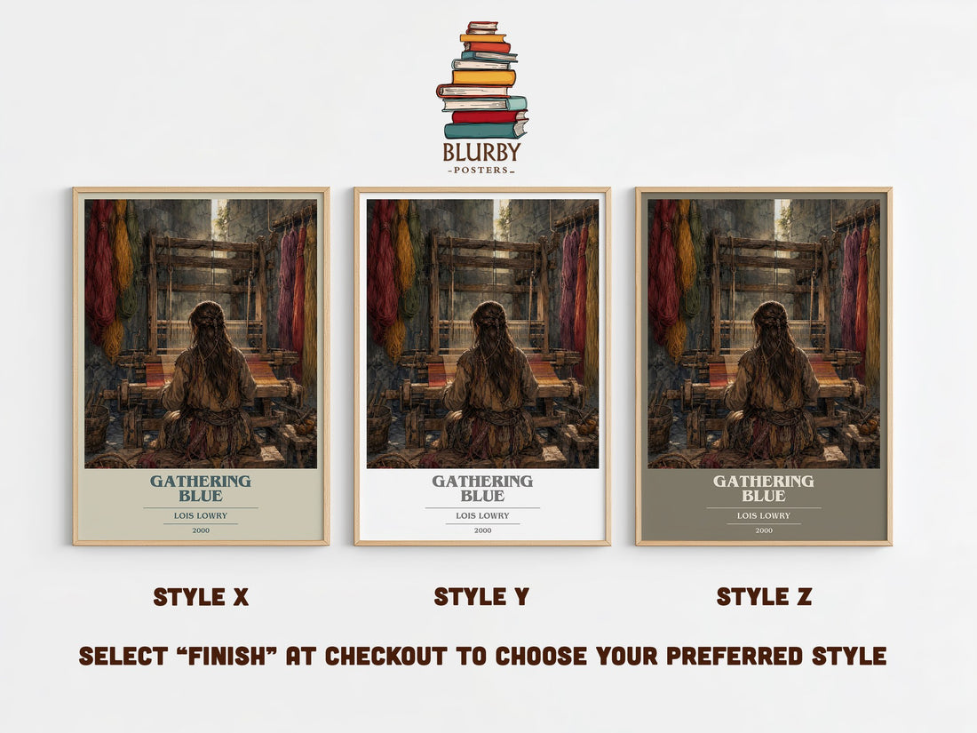 Gathering Blue book cover print in frame leaning in hallway – dystopian wall art (mockup)