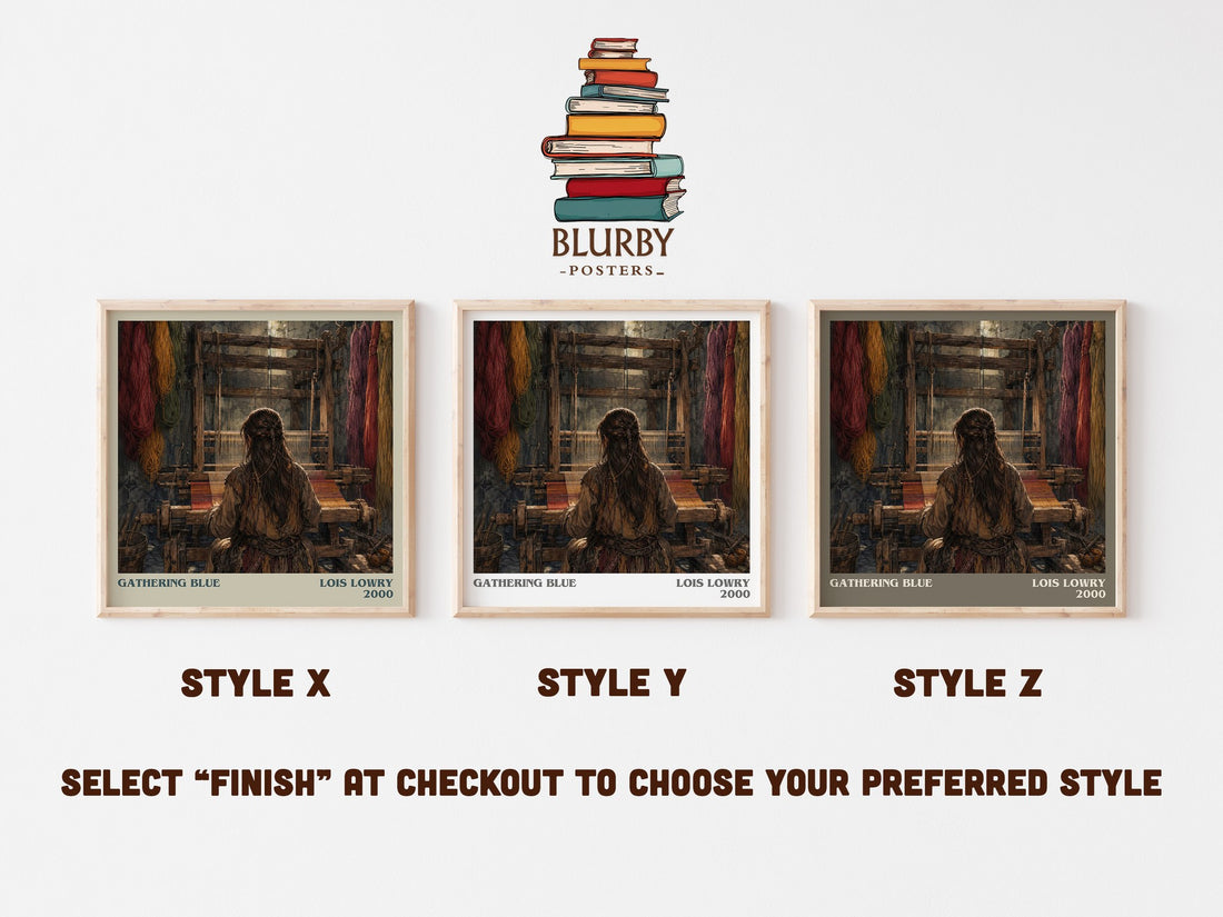 Gathering Blue literary print in frame leaning in hallway – dystopian wall art (mockup)