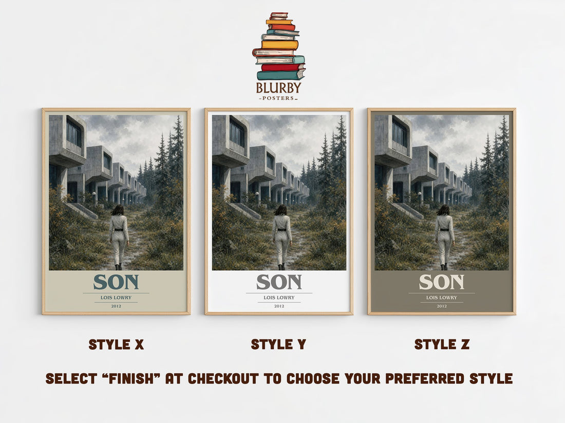 Son book cover print in frame leaning in hallway – dystopian wall art (mockup)