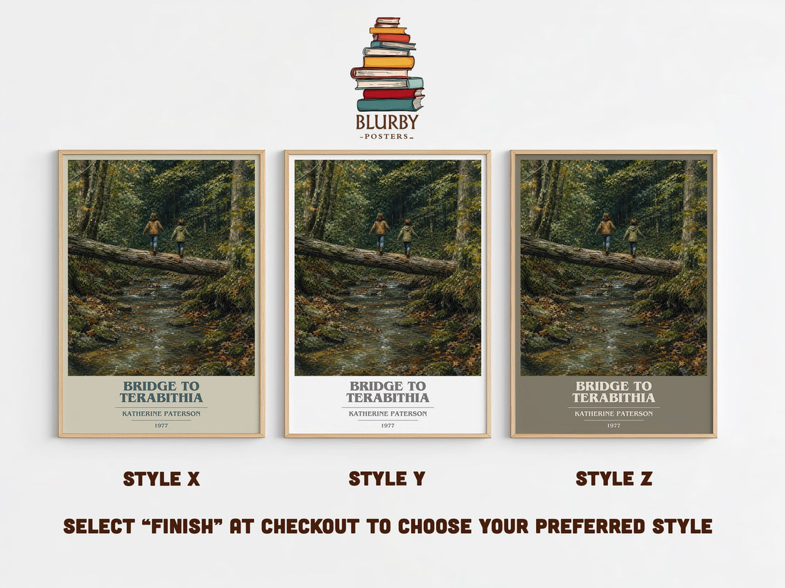 Bridge to Terabithia book cover print in frame leaning in hallway – childrens wall art (mockup)