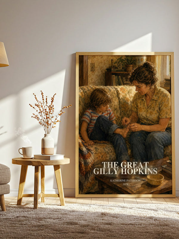 The Great Gilly Hopkins watercolour print in frame leaning in hallway – childrens wall art