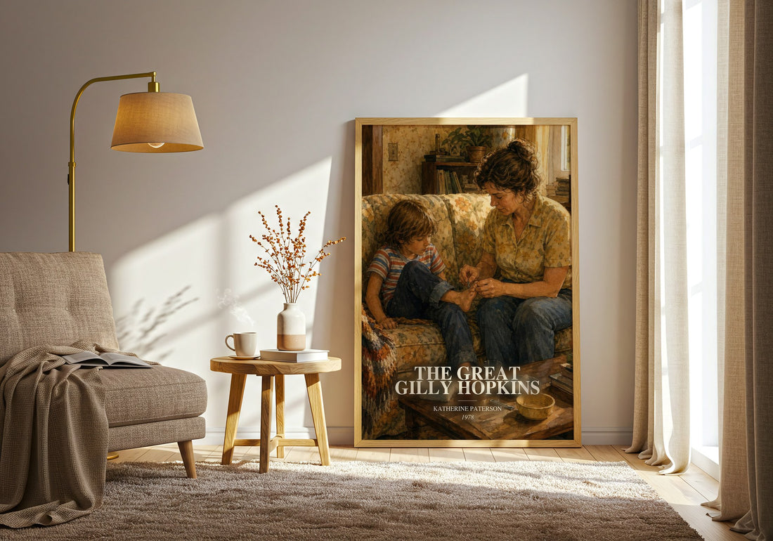 The Great Gilly Hopkins watercolour print in frame leaning in hallway – childrens wall art (mockup)
