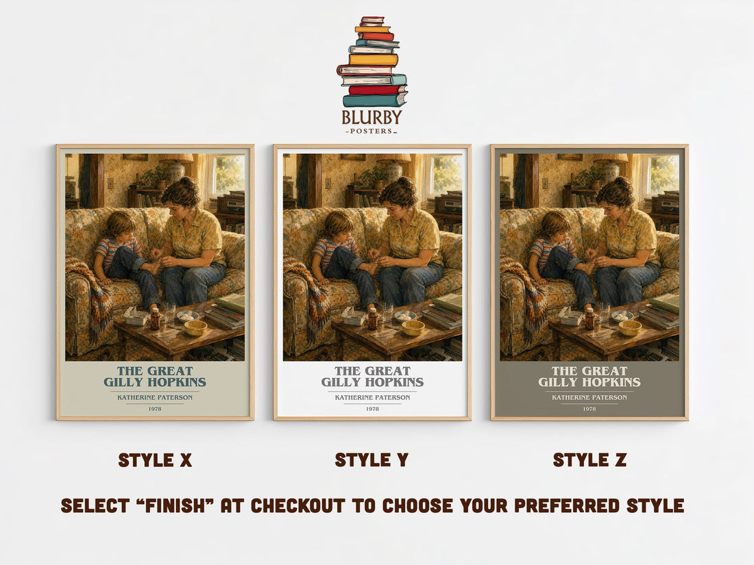 The Great Gilly Hopkins book cover print in frame leaning in hallway – childrens wall art (mockup)
