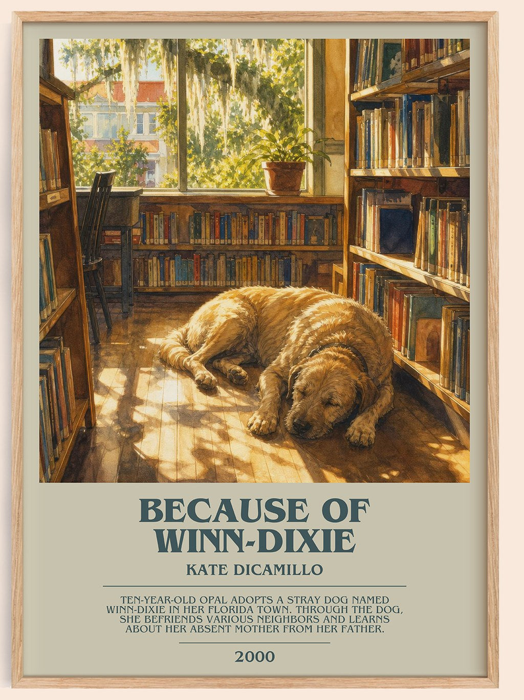 Because of Winn-Dixie bookish book poster by Kate DiCamillo – framed literary art print