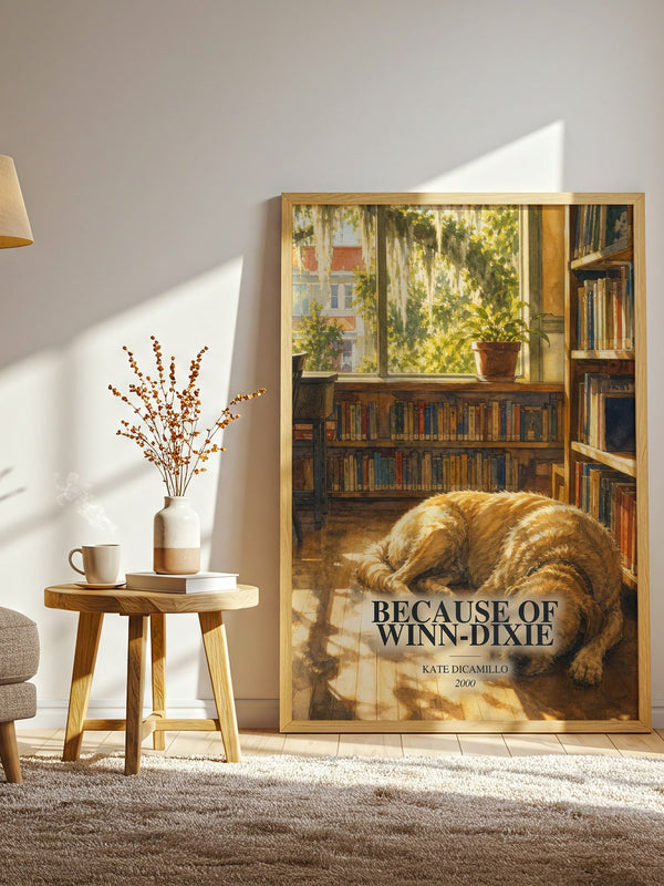 Because of Winn-Dixie watercolour print in frame leaning in hallway – childrens wall art