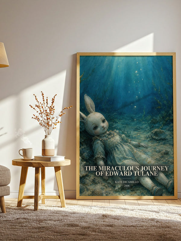 The Miraculous Journey of Edward Tulane watercolour print in frame leaning in hallway – childrens wall art