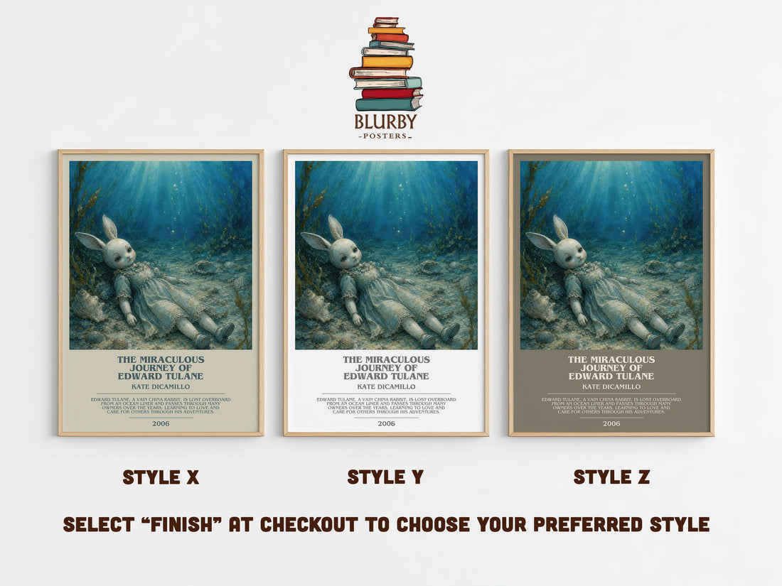 The Miraculous Journey of Edward Tulane bookish print in frame leaning in hallway – childrens wall art (mockup)
