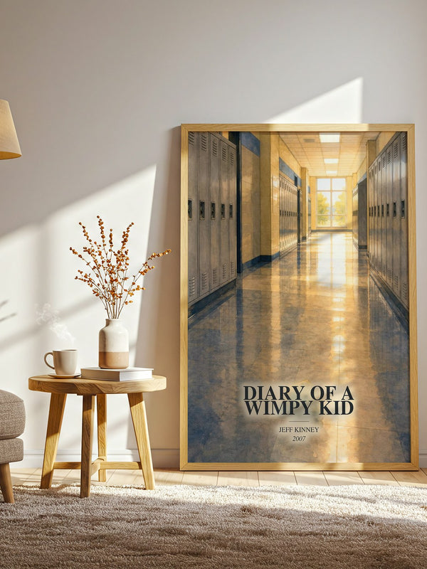 Diary of a Wimpy Kid watercolour print in frame leaning in hallway – childrens wall art