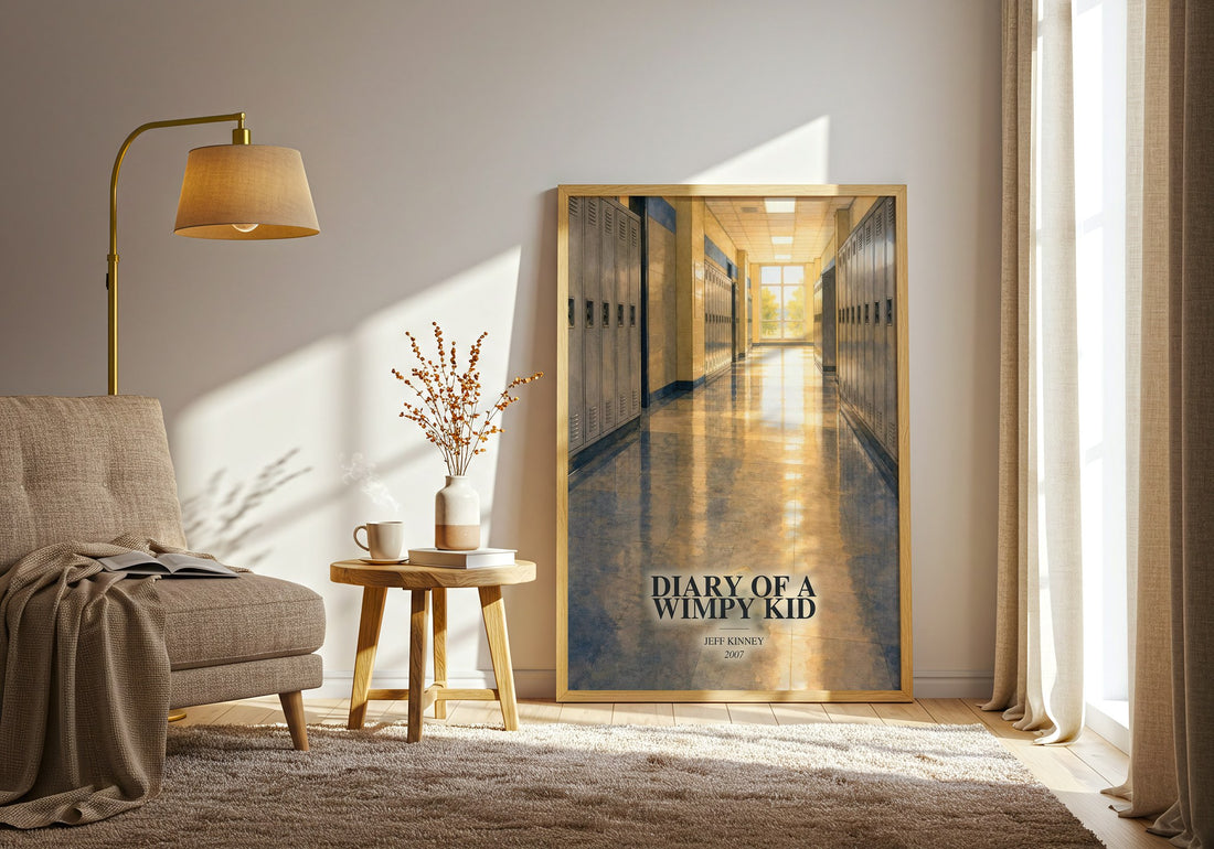 Diary of a Wimpy Kid watercolour print in frame leaning in hallway – childrens wall art (mockup)