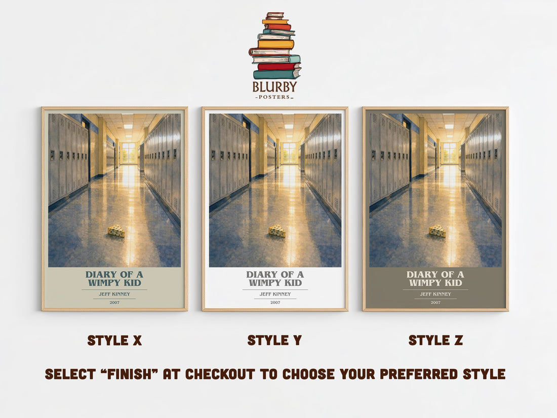 Diary of a Wimpy Kid book cover print in frame leaning in hallway – childrens wall art (mockup)