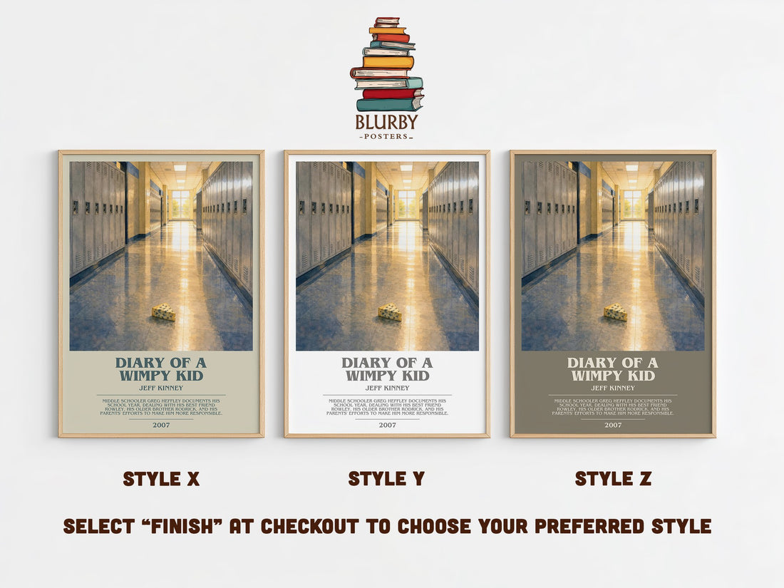 Diary of a Wimpy Kid bookish print in frame leaning in hallway – childrens wall art (mockup)