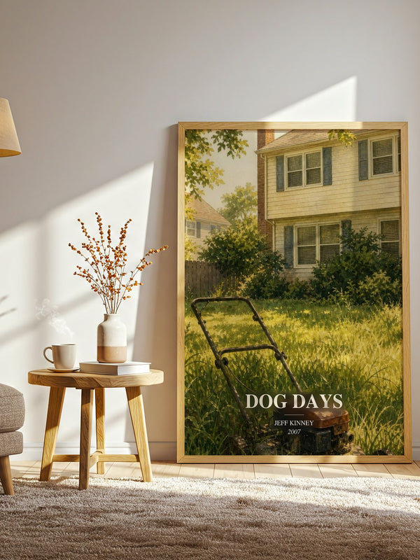 Dog Days watercolour print in frame leaning in hallway – childrens wall art