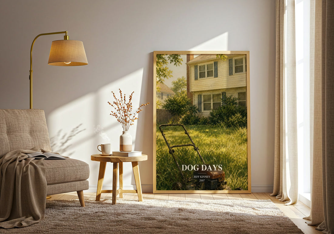 Dog Days watercolour print in frame leaning in hallway – childrens wall art (mockup)