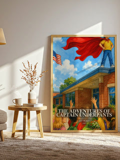 The Adventures of Captain Underpants watercolour print in frame leaning in hallway – childrens wall art