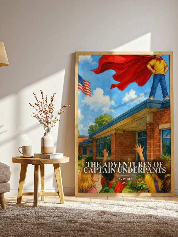 The Adventures of Captain Underpants watercolour print in frame leaning in hallway – childrens wall art