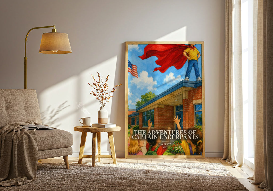 The Adventures of Captain Underpants watercolour print in frame leaning in hallway – childrens wall art (mockup)