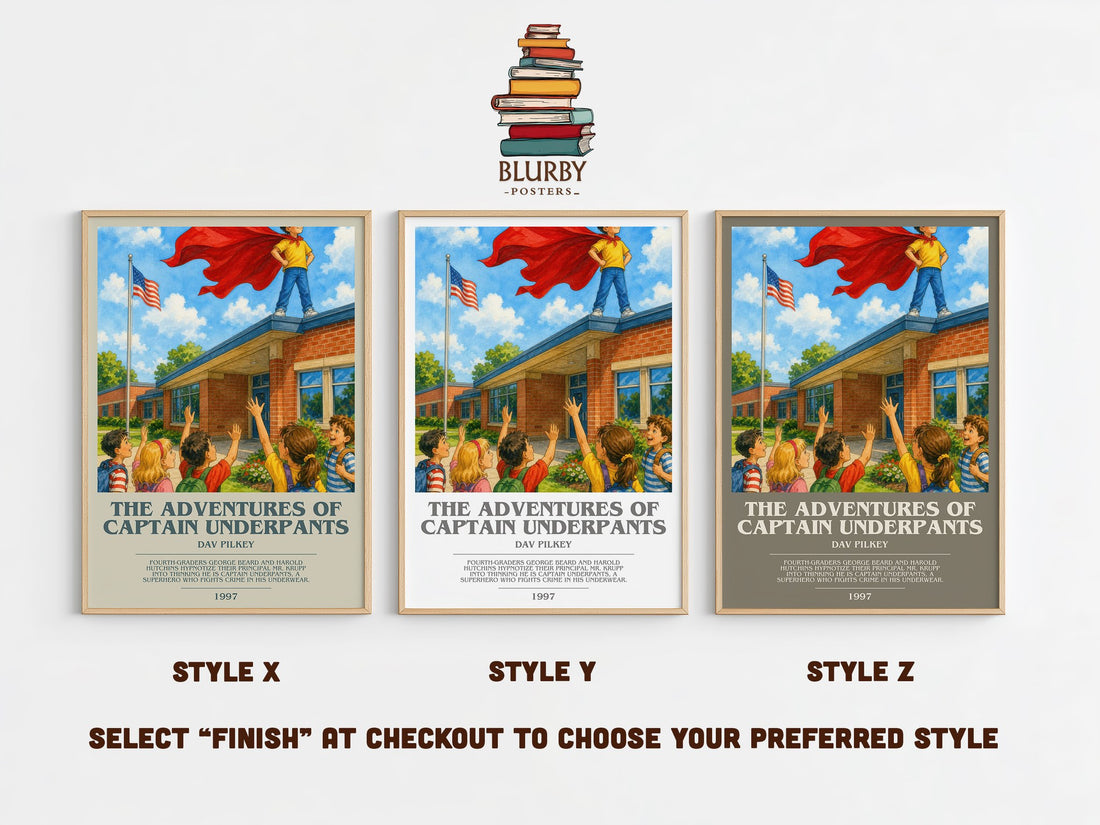 The Adventures of Captain Underpants bookish print in frame leaning in hallway – childrens wall art (mockup)