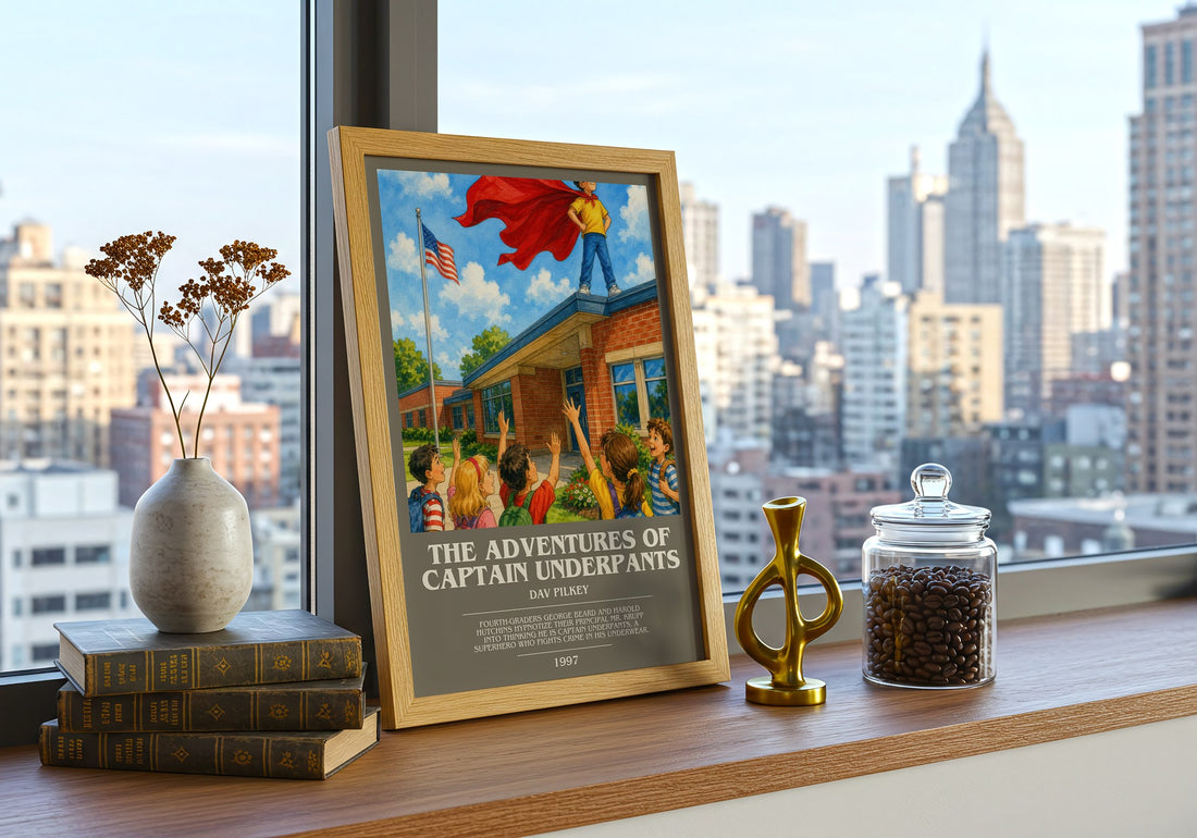 The Adventures of Captain Underpants bookish print framed by window – literary home decor