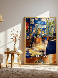 Dog Man watercolour print in frame leaning in hallway – childrens wall art