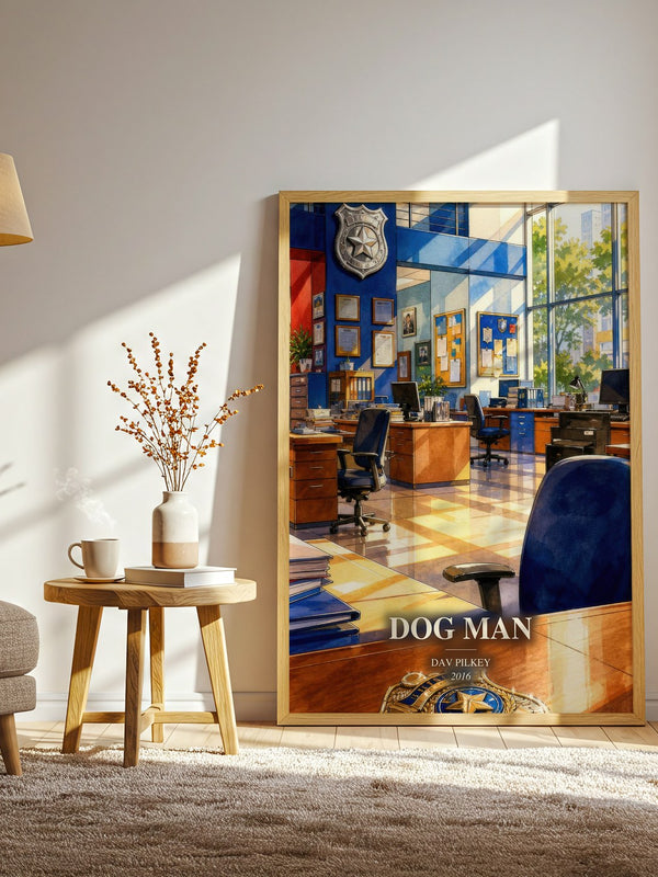 Dog Man watercolour print in frame leaning in hallway – childrens wall art