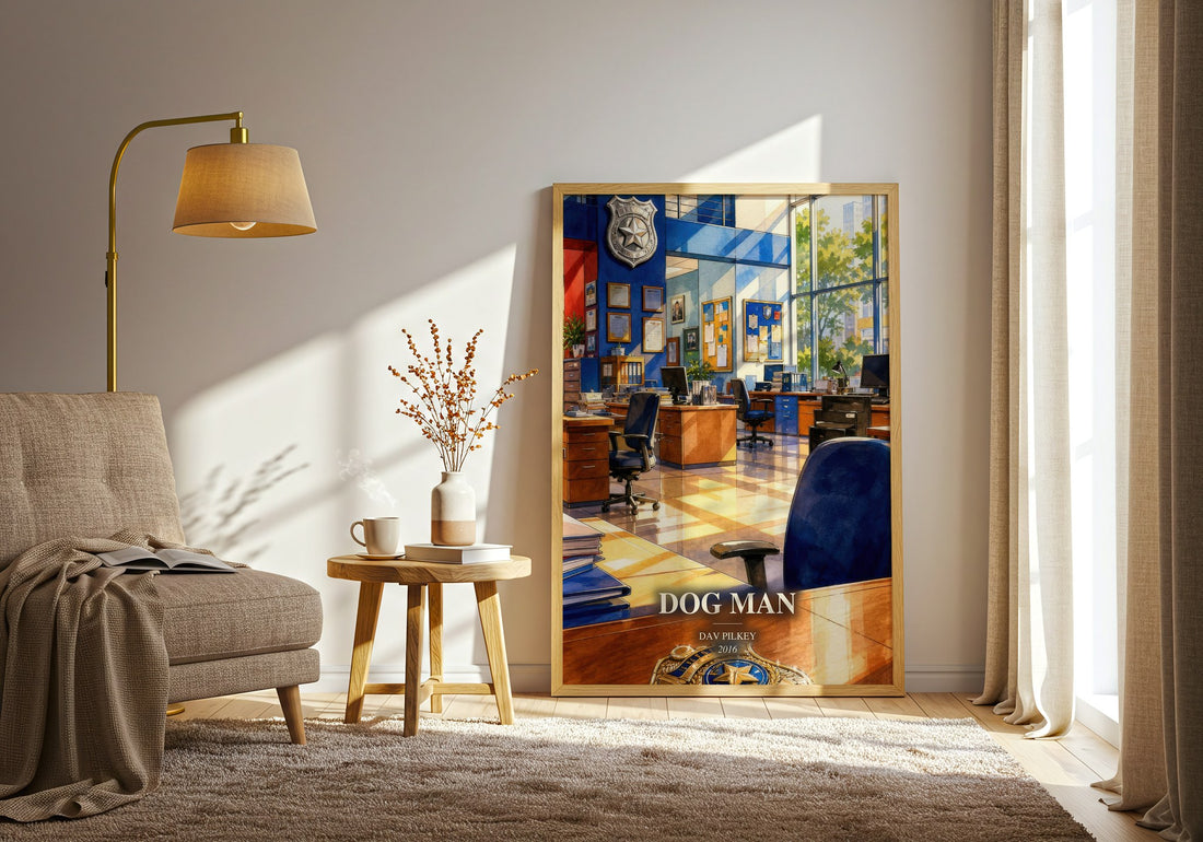Dog Man watercolour print in frame leaning in hallway – childrens wall art (mockup)
