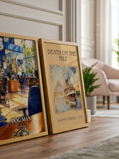 Dog Man watercolour print framed by window – literary home decor