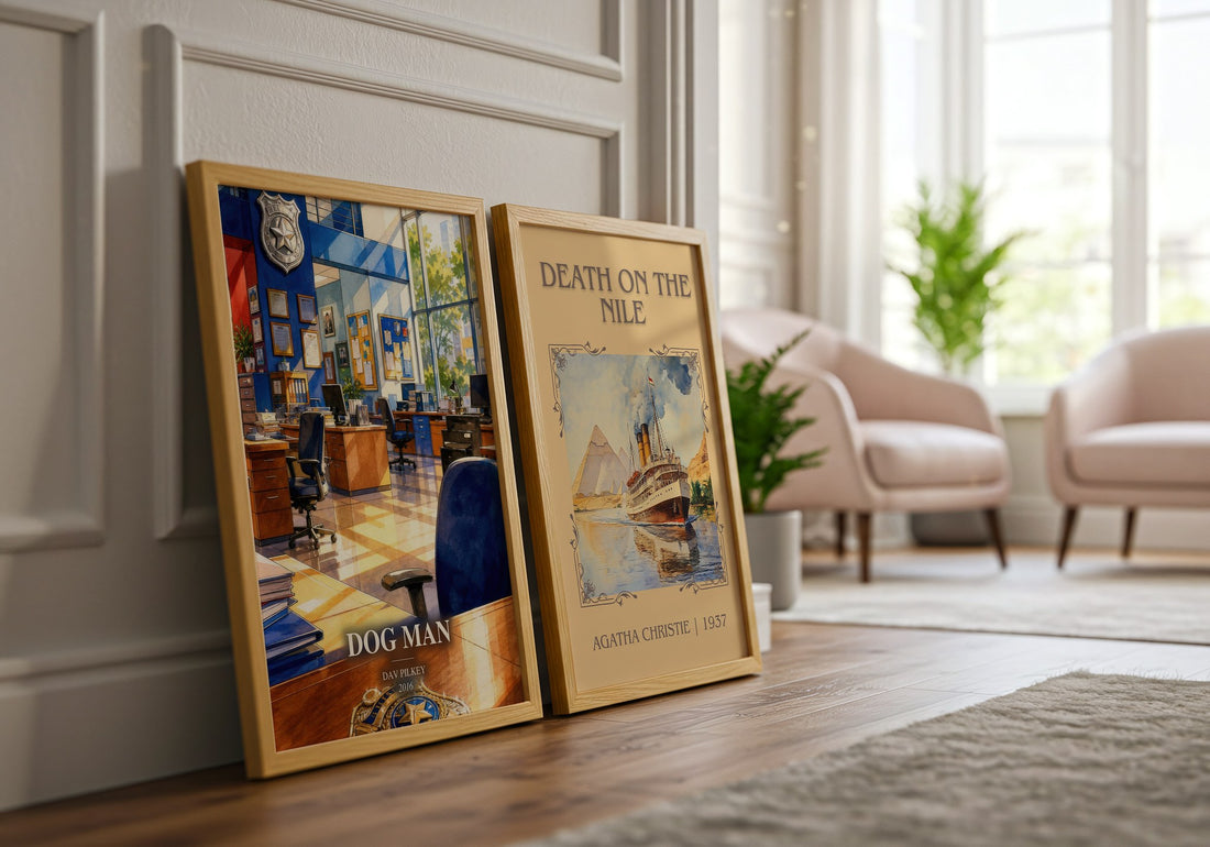 Dog Man watercolour print framed by window – literary home decor
