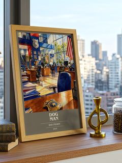 Dog Man book cover print framed by window – literary home decor