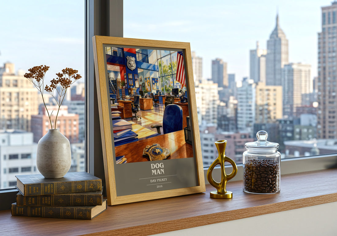 Dog Man book cover print framed by window – literary home decor
