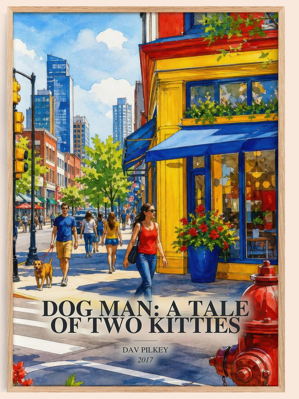 Dog Man: A Tale of Two Kitties watercolour book poster by Dav Pilkey – framed literary art print
