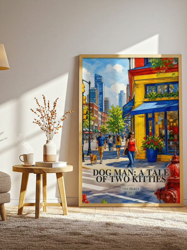 Dog Man: A Tale of Two Kitties watercolour print in frame leaning in hallway – childrens wall art
