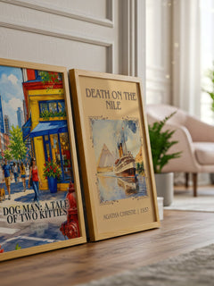 Dog Man: A Tale of Two Kitties watercolour print framed by window – literary home decor