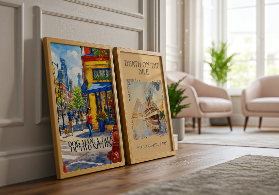 Dog Man: A Tale of Two Kitties watercolour print framed by window – literary home decor