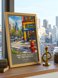 Dog Man: A Tale of Two Kitties book cover print framed by window – literary home decor