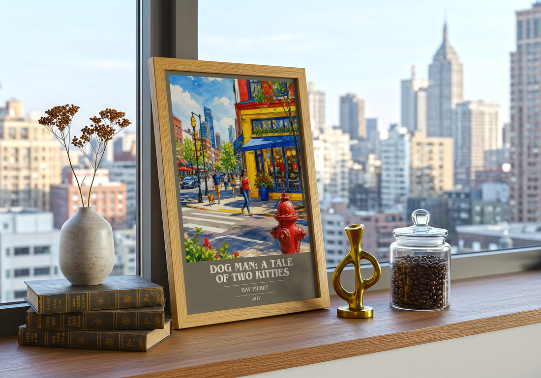 Dog Man: A Tale of Two Kitties book cover print framed by window – literary home decor
