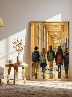 Wonder watercolour print in frame leaning in hallway – contemporary fiction wall art