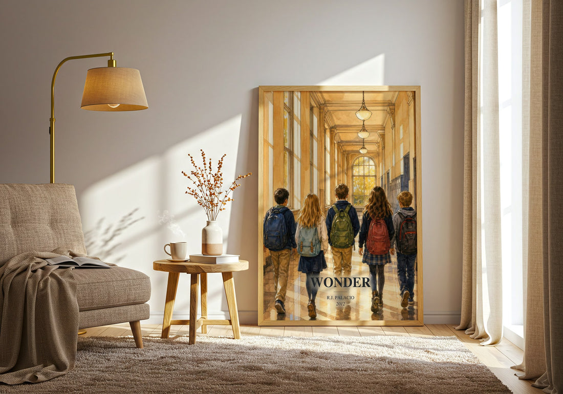 Wonder watercolour print in frame leaning in hallway – contemporary fiction wall art (mockup)