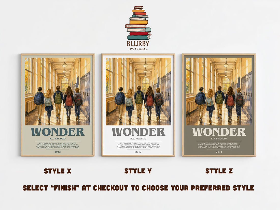 Wonder bookish print in frame leaning in hallway – contemporary fiction wall art (mockup)