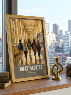 Wonder book cover print framed by window – literary home decor