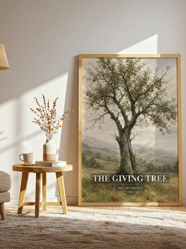 The Giving Tree watercolour print in frame leaning in hallway – childrens wall art